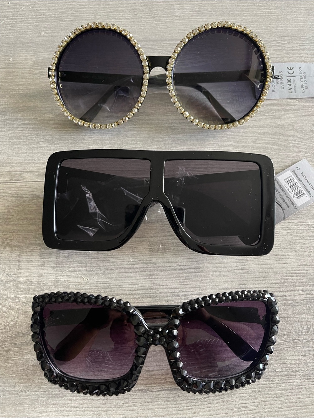 3 Pair of Women’s Black Fashion Sunglasses with Rhinestone Accents